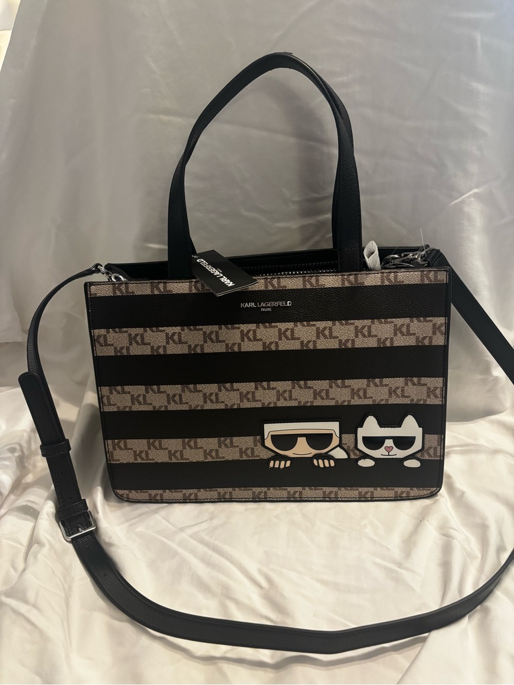 Karl Lagerfeld Brown & Black Logo Stripe Tote with Character Patches
